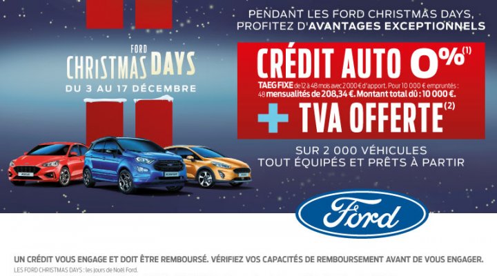 Christmas Days chez FORD : Crédit Auto à 0% + TVA OFFERTE